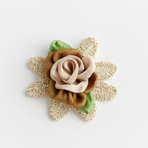 Brown & Beige Rose Applique with Lace Leaves