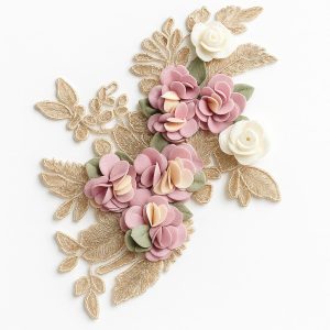 Luxury Golden Lace Floral Applique – 3D Rose & Leaf Design